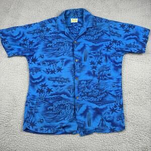 Vintage 50s Hawaiian Shirt Mens Small Blue Surf Scenic Aloha Loop Collar USA